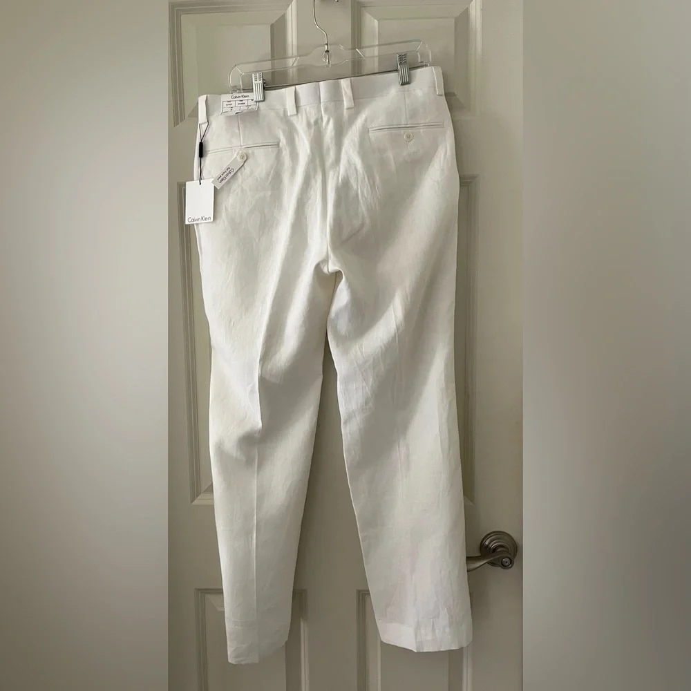 NWT Men’s Calvin Klein Flat Front White Linen Pants Trousers Size 34x30 lined